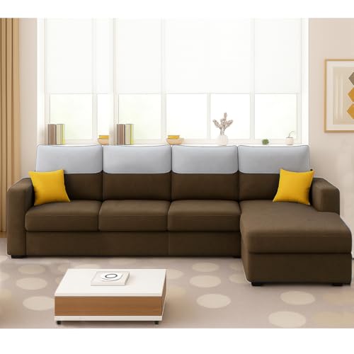 Image of Furny Tokiaa 8 Seater Fabric RHS L Shape Sofa Set with 1 Centre Table & 2 Puffy (Brown) | Soft Velvet Fabric | Modern Design | Comfortable Seating | Living Room Furniture