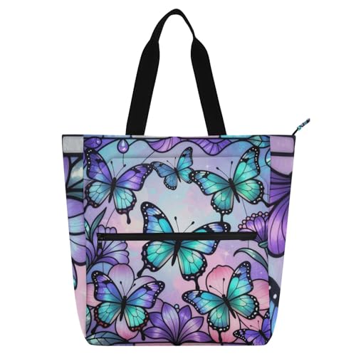 Bolsa de mano de mariposas tipo vidriera con cremallera para libros