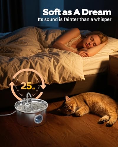 Katzenbrunnen Edelstahl Trinkbrunnen für Katze: Katzen Trinkbrunnen Leise - 2.6L Automatic Katzentrinkbrunnen mit Wasserstandsfenster - Haustierbrunnen für Kleine Hunde - Mehrschichtiges Filtersystem