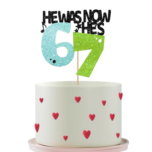 He Was 6 Now He's 7 Cake Topper, Six Seven 6 7 Cake Topper for Boy 7th Birthday, Video Game 6 7 Cake Decor for Funny 7th Birthday Party - Blue&Green