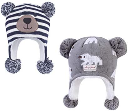 LANGZHEN Toddler Kids Infant Winter Hat,Earflap Knit Warm Cap Fleece Lined Beanie for Baby Boys (Bear -Navy Stripe+Polar Bear - Grey,6-12 Months)