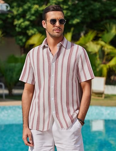 Alex Vando Mens Linen Short Sleeve Casual Button Down Shirt for Men Beach Wedding Shirts
