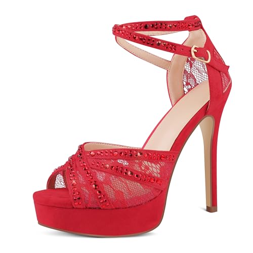 Cociy Women's Platform Heels Peep Toe Pumps Sexy Mesh Stilettos Sparkly Rhinestone High Heels Ankle Strap Shoes for Party Dance Prom Red Suede US7