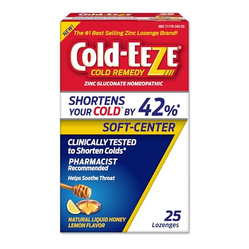 Cold-Eeze Soft-Center Lozenges Natural Liquid Honey Lemon Flavor Zinc Lozenges Reduces Duration of the Common Cold by 42% Relieves Sore Throat Cough Nasal Congestion & Post Nasal Drip 25 Count