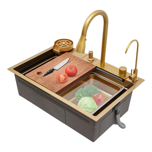 Multifunctional Kitchen Waterfall Sink Gold Stainles Steel Kitchen Sink Double Sliding Rail Double Bowl Sink with 3-Mode Cold & Hot Water Faucet 26.77x18.11x8.66in for Kitchen Bar Hotel(Gold)