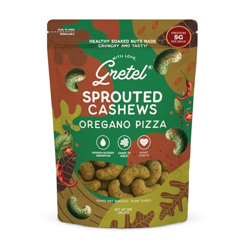 Gretel Oregano Pizza Sprouted Cashews 50 gm | Sprouted & Activated | Soaked, Dried & Baked not Roasted | Crunchy Kaju | Rich in Protein | Zero Cholest