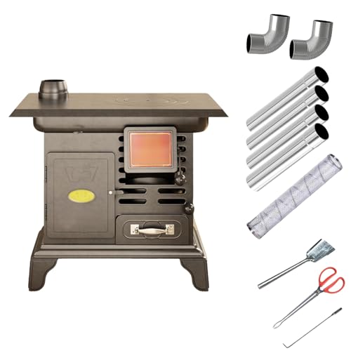 Poele a Bois en Fonte, Poêles a Bois for la Maison, Comprend Un Écran de Protection Contre Les Brûlures et Des Accessoires, pour Cuisiner, Chauffer, Pique...