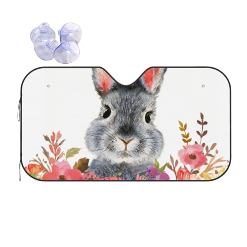 カーサンシェード うさぎ 兎 ウサギ 花 可愛い (1) カーフロントカバー 車用サンシェード 日よけ 紫外線対策 展開寸法 130x70cm 吸盤4個付 カーテン 遮光断熱 軽自動車