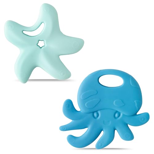 Image of 2Pcs Summer Silicone Teething Toy for Babies Ocean Animal Themed Sore Gums Pain Teething Relief Chew Toy Summer Ocean BPA Free Soft Teether for Infant Toddler Newborn 6-12 Months Birthday Baby Shower