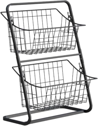 EVREFIN二層の果物と野菜のバスケット、キッチン、デスクトップ、リビングルームのカウンタートップ、パン、スナック、その他の保管、バスルームとトイレでの使用、大容量に適しています (ブラック)