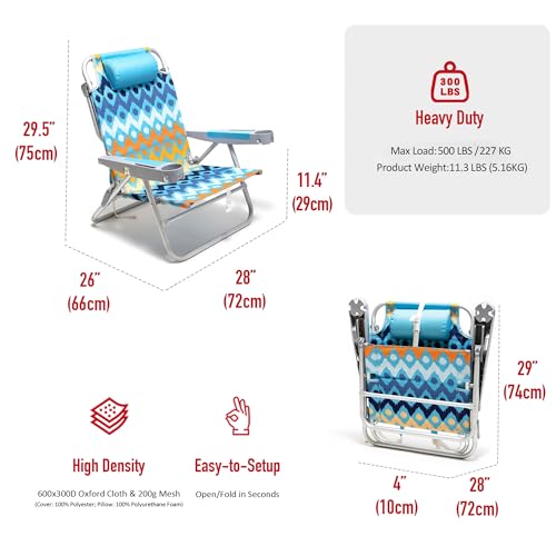 Image of SUNNYFEEL Extra Wide 28 inch Low Beach Chair 5 Position Lay Flat, XL Oversized Portable Folding Camping Chairs with Cup Holder for Outdoor /Trip, Lightweight Foldable Backpack Beach Chair for Adults