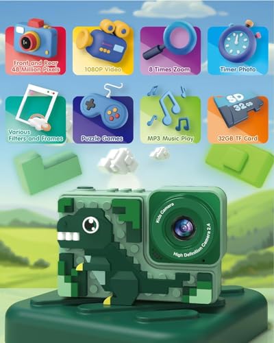 Image of Digital Mini Camera for Kids (Ages 3-12) - Fun Unicorn Silicone Cover, Perfect Toy for Boys & Girls (Dino Blocks-Green)