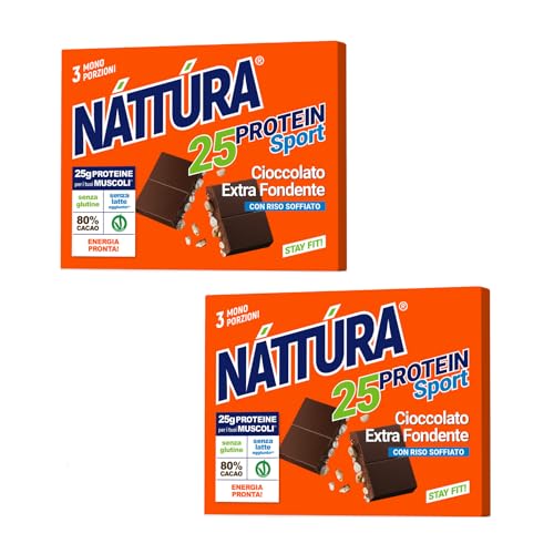 Nattura® | Chocolate amargo proteico con arroz inflado | Barra Proteica Arroz Inflado Con Chocolate - 2 x 3 Barras Monoporción (Total 2 x 60 Gr)