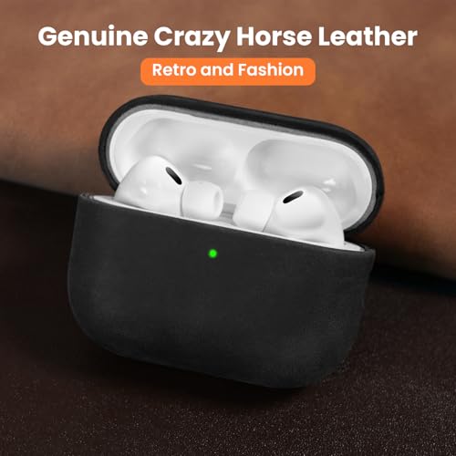 Image of for AirPods Pro 2 Case, Handcrafted Genuine Leather Cover with Lanyard, Vintage Crazy Horse Leather, Unique Patina, MagSafe Ready, Compatible with AirPods Pro 2nd /1st Generation, Black