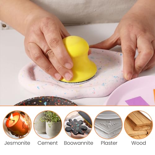 BOOWAN NICOLE Nass-Trockene Hand Schleifklotz für Jesmonite Beton Terrazzo, Runde Haken und Schleife Schleifmaschine mit 100/400/1000 Grit Sandpapiere für Handwerk Polieren (A0166+A0334+A0335+A0336)