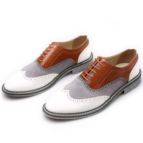Image of Men's Leather lace-up Brogues Dress Oxford Shoes Classic Wingtip Two Tone Derby Gatsby Prom Shoes Fashion Round Toe Business Formal Leather Shoes