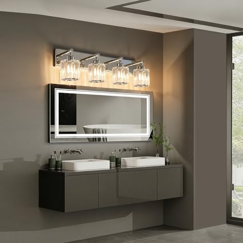 Image of Brushed Chrome Crystal Bathroom Vanity Light, 4-Light Modern Bathroom Lighting Fixtures Over Mirror,Chrome Wall Sconce Light Fixtures with Round Shade