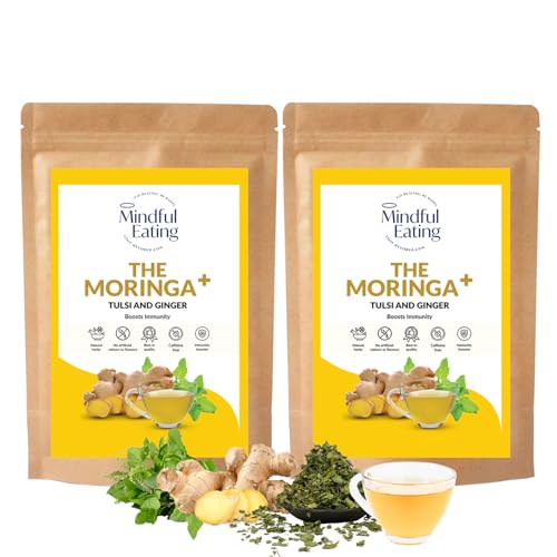 Image of Mindful Eating Pure Moringa Leaves Tea with Tulsi & Ginger- Herbal Tea, Natural Ingredients, Dried Drumstick Tree Leaves, Immunity Booster, Caffeine-free, 70g (Pack of 2)