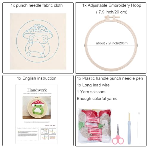 Image of Louise Maelys Beginners Punch Needle kit,Embroidery Starter Kits for Adults,Rug Tool,Cross Stitch Including Handle Pen,Cloth,Hoop,Threads and Instruction-Mushroom Frog Pattern