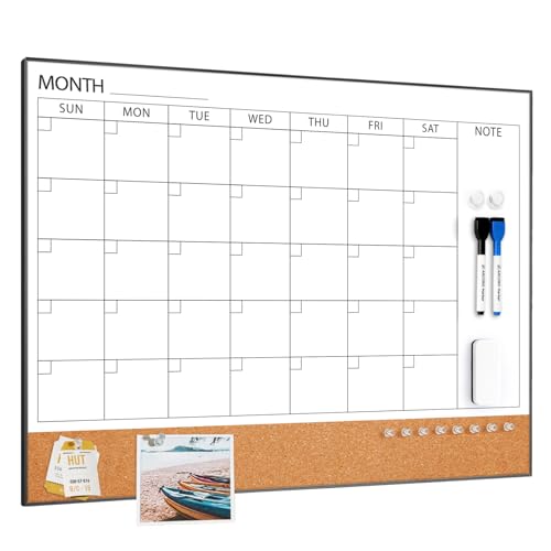 ARCOBIS Dry Erase Calendar with Cork Board for Wall 60 x 45 Magnetic Calendar Whiteboard with Black Frame Monthly Combination Board for School Home Office