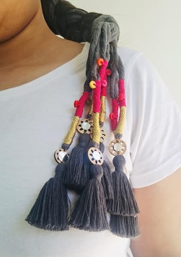 Image of Zippy Flora Handmade Boho Parandi /Paranda for Women | Traditional Punjabi Hair Accessory, Braid Tassels, Choti Hair Extension with Thread & Beads (Neelima Dark Grey)