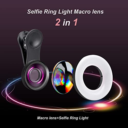 Macro Lens for iPhone and Android with Mini Clip Ring Light, Portable Rechargeable Dimming, for Smart Phone Photography, Camera Video Recording, VLOG