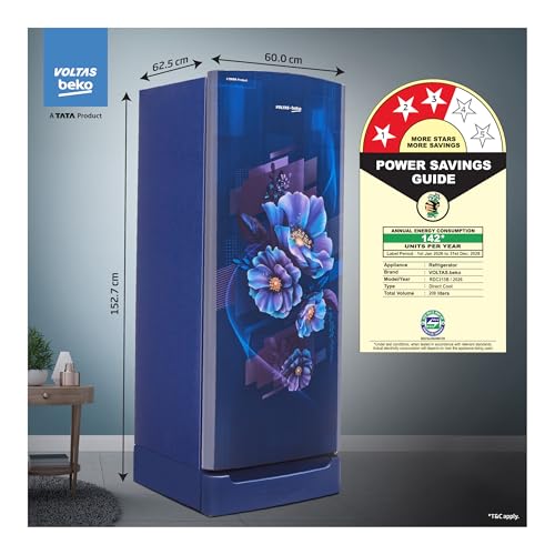 Image of Voltas Beko, A Tata Product 208 L, 3-Star Single Door Direct Cool Refrigerator with Fresh Box Technology (RDC240B / 3W0BBR0M0B00GO, Bonita Blue)