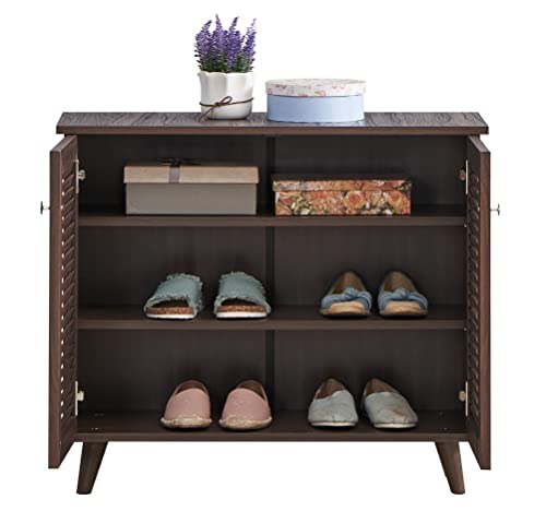 Image of DeckUp Noordin 2-Door Engineered Wood Shoe Rack (Walnut, Matte Finish), 34X77X68 Cm
