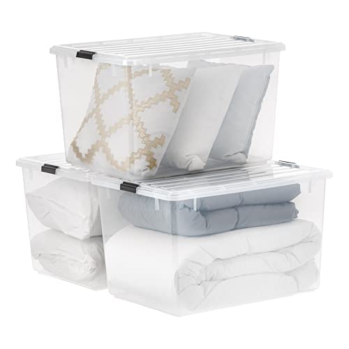 Image of IRIS USA 144 Qt Stackable Plastic Storage Bins with Lids, 3 Pack - BPA-Free, See-Through Organizing Solution, Latches, Durable Nestable Containers, Secure Pull Handle, Made in USA - Clear