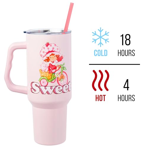 Image of Silver Buffalo Strawberry Shortcake and Custard inchSweet inch Double Walled Stainless Steel Tumbler with Handle, Fits in Standard Cup Holder, 40 Ounces