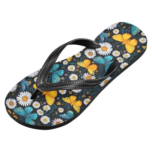 ALAZA Colorful Butterflies Daisies Flip Flops for Women Fashion Beach Slippers Comfort Mens Flip Flops Non-Slip Rubber Shower Slippers Sandal for Hotel Travel Sport,XS2