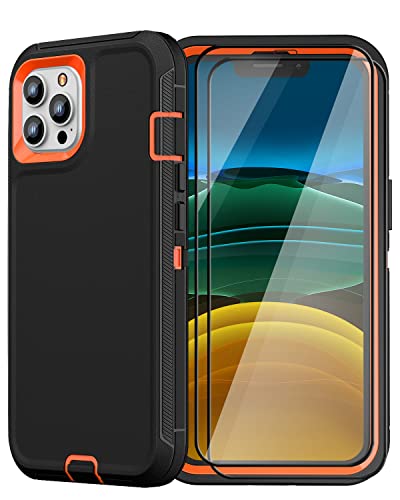 FEIYAR HOME iPhone 11 Pro Max Heavy Duty Case with 2 Tempered Glass Protectors - Military Grade Shockproof, Black Orange