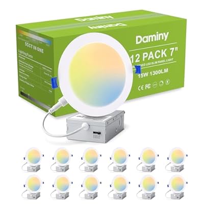 DAMINY 12 Pack 7 Inch LED Recessed Lighting with Junction Box,5CCT,Ultra-Thin Recessed Light,15W 1300LM, Dimmable Canless Wafer Ceiling Light, High Brightness