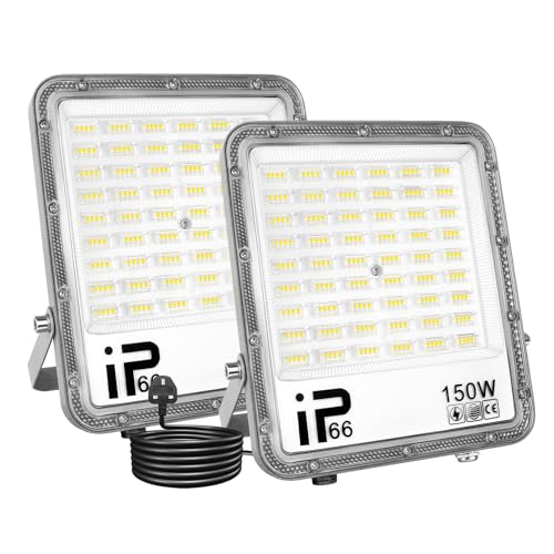 SKYWORLD LED Flood Lights Outdoor Lighting, 2x150W with Plug in Outside Work Light, 6000K Daylight, 110V