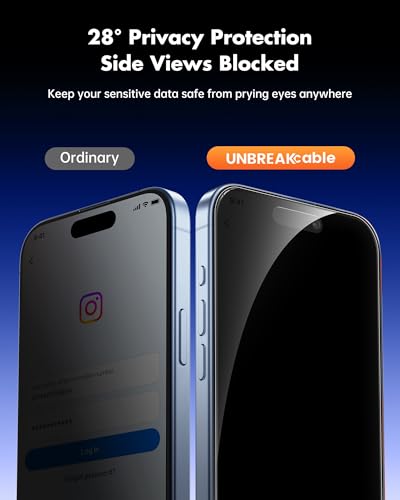 Image of UNBREAKcable Privacy Screen Protector for iPhone 17, Shatterproof Tempered Glass [True 28Anti Spy] [9H Hardness] [Easy Installation Frame] Private Protector for iPhone 6.3inch-2 Pack
