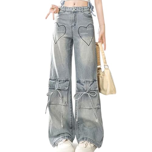 Y2K Gothic Grunge Casual High Waist Straight Vintage Heart Embroidery Straps Decor Wide Leg Jeans for Women
