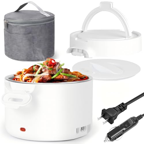 WVJ Electric Lunch Box for Adults, 33.8oz Portable Food Heater with Carry Bag | 12V/24V/110V Leakproof Lunch Warmer | Dishwasher-Safe for Office, Car, Travel | Gifts for Men Women (White)