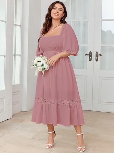 Image of SCOMCHIC Women's Plus Size Boho Maxi Dress Short Sleeve Square Neck Smocked Flowy A-Line Lace Trim Wedding Guest Dresses
