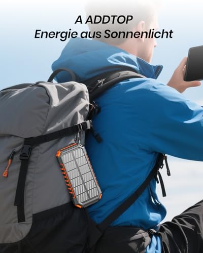 A ADDTOP Solar Power Bank – 26800mAh kabelloses PowerBank mit USB C – 3,0A Schnellladefunktion Tragbares Ladegerät für Smartphones Tablets – 2 Taschenlampen für Camping und Outdoor