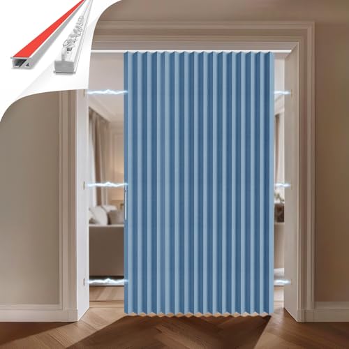 Jilron 100% Blickdichter Türvorhang – Faltbares Akordion-Design mit Magnetverschluss & Klebemontage ohne Bohren, inkl. Schiene – Für Terrassentüren oder Glastüren, Blau, 201x180 cm