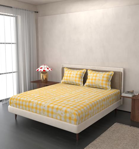 Image of VOMZER Queen Size (60x78) 300 TC Soft Cotton Feel Microfiber All Around Elastic Fitted Queen Bedsheet with 2 Pillow Covers | Yellow Check