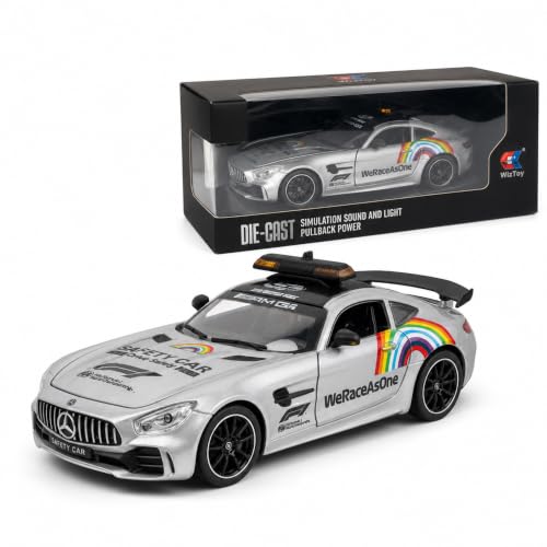 Image of Mercedes AMG GT F1 Safety Car 1:24 Scale Die Cast Metal Car - Pull Back Sports Coupe in Silver with Openable Doors & Hood, Light & Sound, Steerable Wheels, Showpiece for Kids