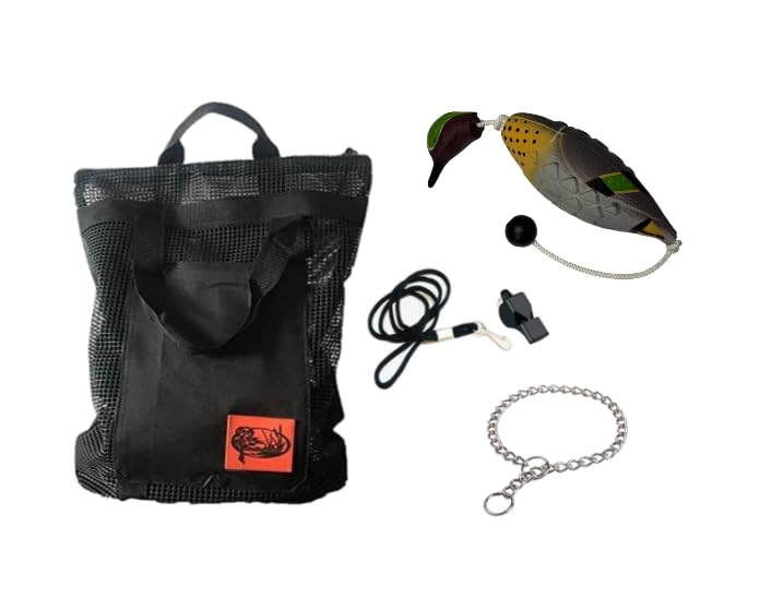 HuntEmUp Dog Training Kit - Ultimate Greenwinged Teal Training Dummy with Mesh Bumper Bag + Ultimate Black Whistle + Choke Chain