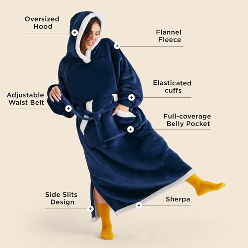 Image of Bedsure Wearable Blanket Hoodie Women - Long Sherpa Fleece Hooded Blanket for Adult Women Men, Warm Cozy Blanket Sweatshirt with Giant Pocket and Belt, Winter Gifts for Girlfriend Mom, Standard, Navy
