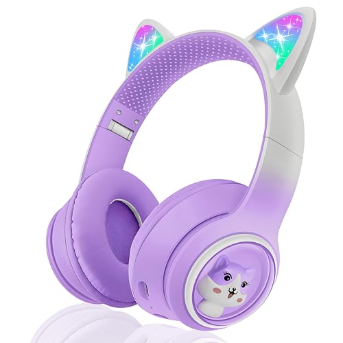 Woukksy Auriculares crianças, auriculares Bluetooth para crianças sem cabo, com orelhas de gato LED, supra-aurais com limitador de volume de 85 dB, dobráveis, para tablet, telemóvel, computador e