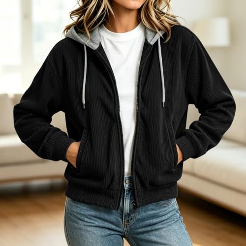Women Full Zip Hooded Corduroy Jacket Long Sleeve Casual Hoodie Cardigan - image 2