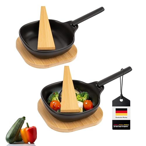 bremermann Grillpfännchen inkl. Bambus-Untersetzern und Bambus-Schabern, Steingut (Schwarz 2er)