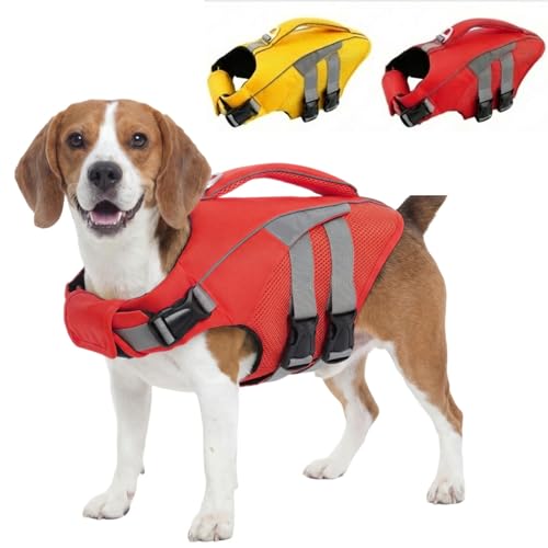 IECOii Dog Life Jackets High Flotation, Reflective & Adjustable Safety Swim Vest with Rescue Handle Reflective Lifesavers, Dog Life Preserver for Boat Pool and Beach Safety, Red, Size M Red
