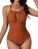AI'MAGE One Piece Swimsuits for Women Bathing Suits Tummy Control Vintage Slimming Ruched Padded Tie Back Swimwear Caramel