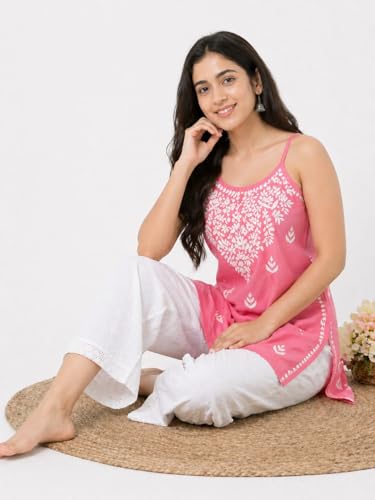 Image of Women's Chikankari Rayon Top Sleeveless Strappy Kurti | Embroidered A-Line Tunic for Women | Summer Ethnic Casual Wear Top with Spaghetti Straps